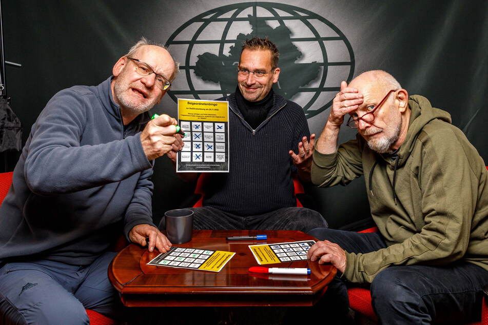 Bürgermeister-Bingo mit den Dissidenten: Johannes Lichdi (58, Grüne, v.l.n.r.), Martin Schulte-Wissermann (51, Piraten) und Michael Schmelich (68, Grüne) laden zum Mitspielen ein.
