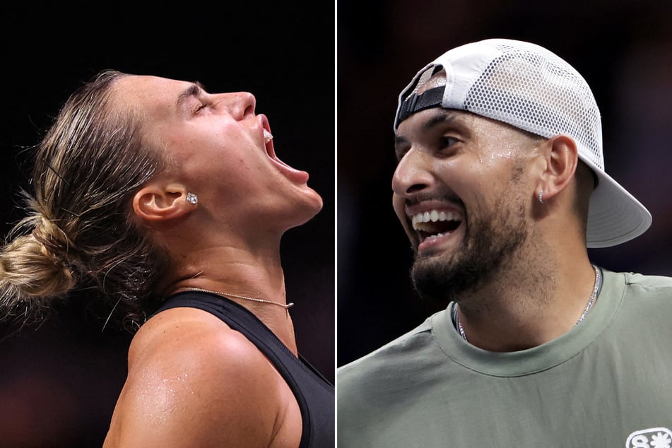 Nick Kyrgios (r.) reigned supreme over Aryna Sabalenka in Sunday's controversial "Battle of the Sexes" showdown.