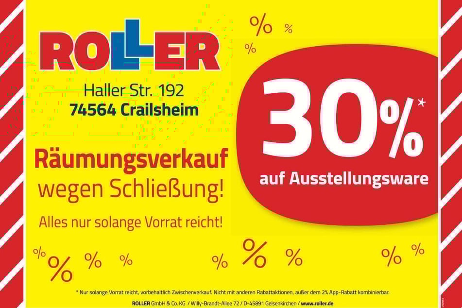 Während des Räumungsverkaufs bei ROLLER in Crailsheim warten jetzt 30 Prozent Nachlass beim Möbelkauf.¹