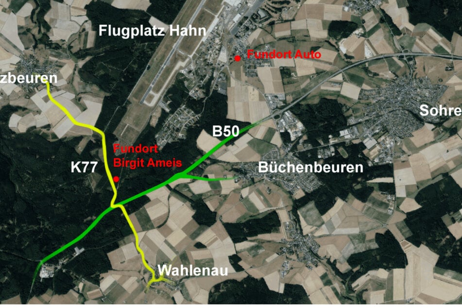 Die Karte zeigt die Fundorte der Leiche von Birgit Ameis und ihres Autos.