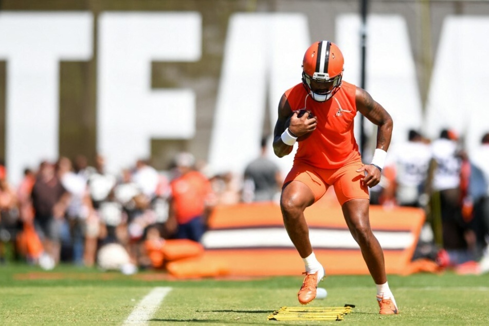 Deshaun Watson of the Cleveland Browns runs a drill in his first appearance in front of Cleveland fans during the Cleveland Browns training camp.