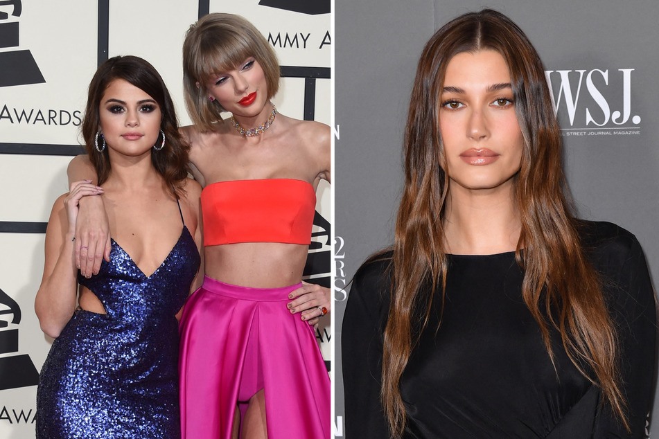 (From l to r) Selena Gomez, Taylor Swift, and Hailey Bieber have become entangled in a rather messy bit of TikTok drama.