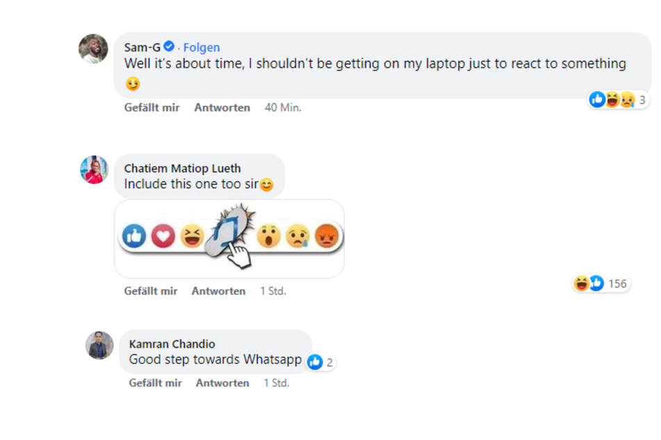 Facebook users give positive responses to Mark Zuckerberg's announcement of WhatsApp's new Reactions feature.