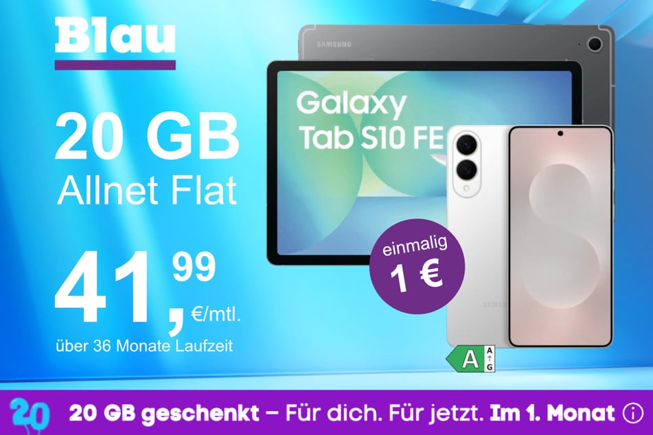 Das Samsung Galaxy S25 Edge + Tab A10 FE im Blau Allnet M für einmalig 1 Euro.