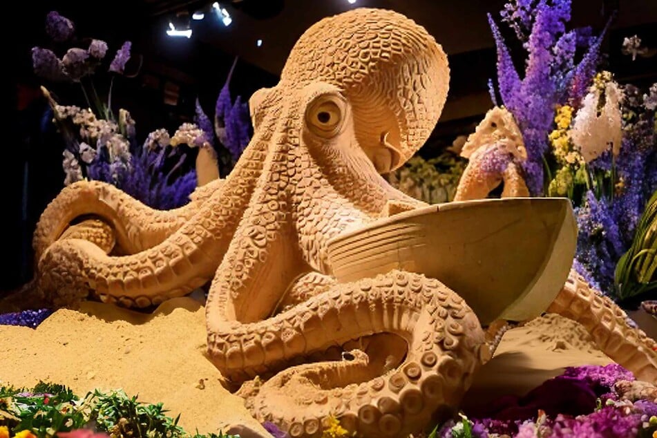 In der Unterwasserwelt räkelt sich ein großer Krake.