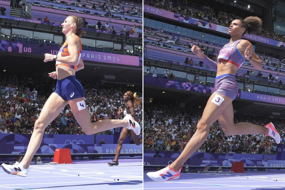 Sydney McLaughlin-Levrone of Team USA (r.) and Femke Bol of the Netherlands cross the finish line during round 1 of the women's 400m hurdles at the Paris Olympics.