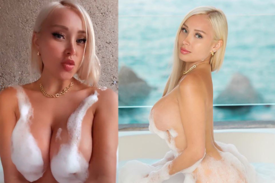 Bubbles barely cover this curvy Playboy model