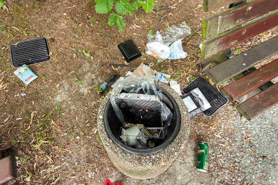 Ärgerlich: Oftmals liegt der Grill-Müll nicht in, sondern weit neben den Mülleimern, wie hier im Stadtpark.