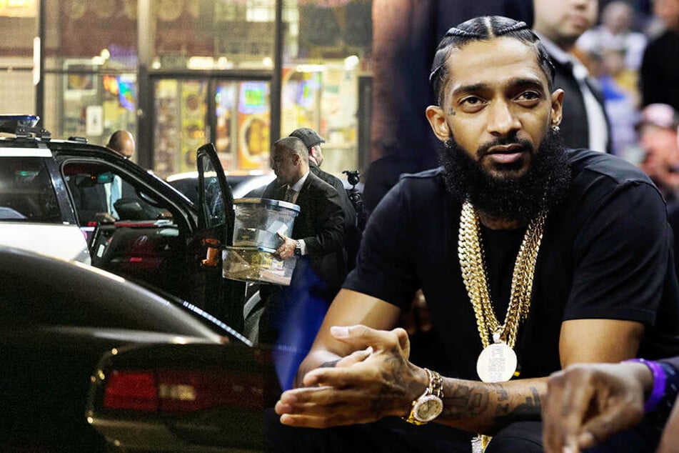 Ermittler des Los Angeles Police Department sichern Beweise aus dem Kleidungsgeschäft des Rappers Nipsey Hussle.