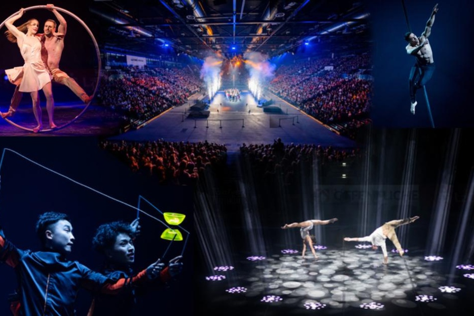 Jede Menge Action: Die Akrobaten und Turner der Veranstaltung "Feuerwerk der Turnkunst" stehen nach ihren Performances in der Halle, während um sie herum eine Feuerwerks-Show abgefeuert wird!