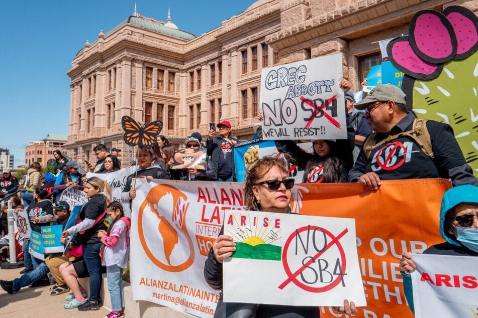 Protesters rally against Texas' Senate Bill 4 – once again on hold – outside the State Capitol in Austin.