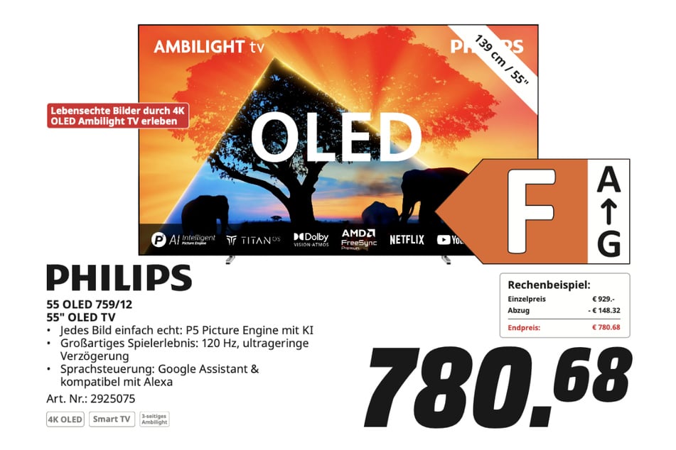 Philips-Fernseher 55OLED759/12 für 780,68 Euro.