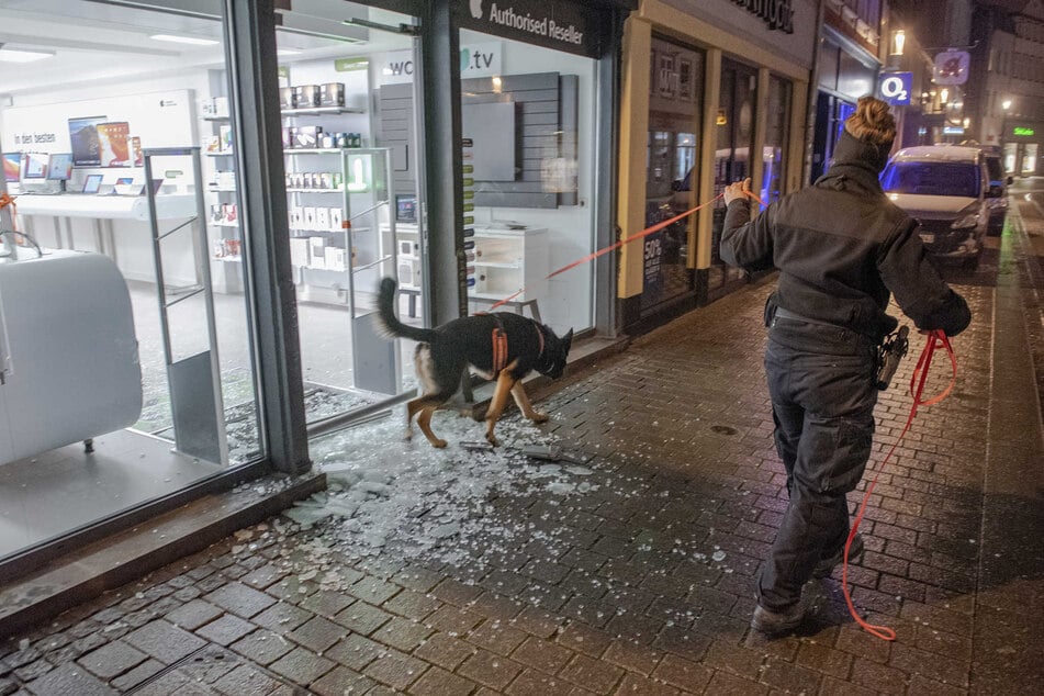 Einbruch in ein Handyladen in der Erfurter Altstadt: Am Dienstagmorgen suchte die Kriminalpolizei mithilfe eines Spürhundes nach Spuren.
