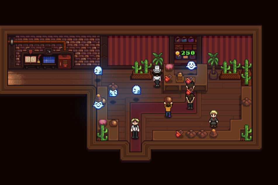 This screenshot from the game's site shows both human and ghost customers to the chocolate shop!