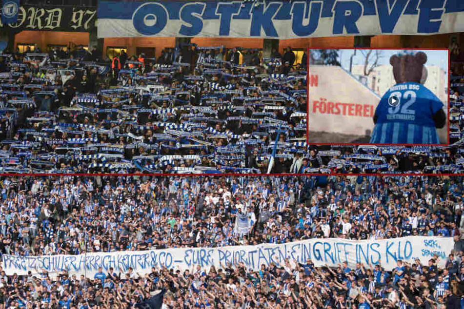 Immer wieder kritisieren Herthas Fans die Vereinsführung - "Preetz, Schille, Herrich, Keuter & Co - Eure Prioritäten: Ein Griff ins Klo" (Bildmontage)