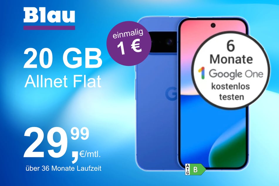 Das Google Pixel 10 im Blau Allnet M für einmalig 1 Euro.