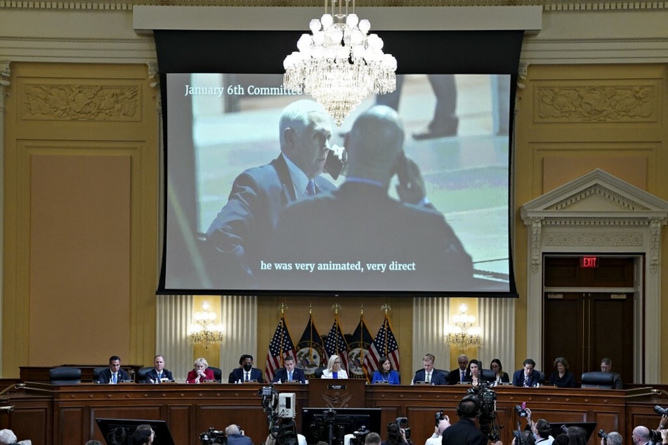 Former US Vice President Mike Pence is displayed on a screen during the January 6th Committee hearing.