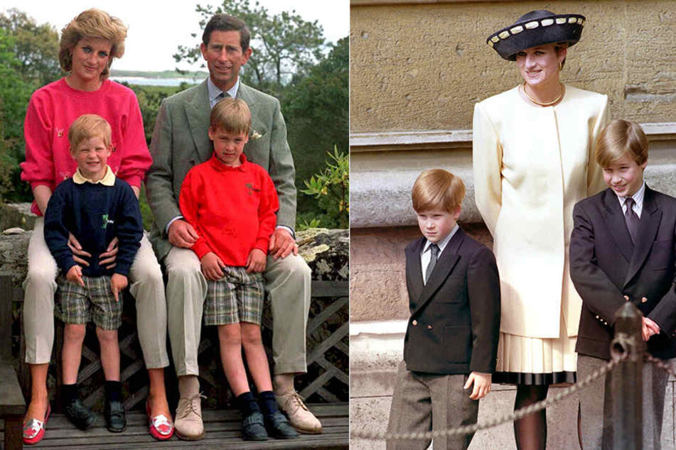 links: Prinz Charles und Prinzessin Diana sitzen am 1. Juni 1989 mit ihren Kindern Harry (li.) und William auf den Scilly-Inseln. rechts: Prinzessin Diana mit Harry (li.) und William, aufgenommen am 19. April 1992.
