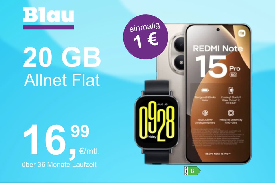 Das Xiaomi Redmi Note 15 Pro 5G + Redmi Watch 5 Lite im Blau Allnet M für einmalig 1 Euro.