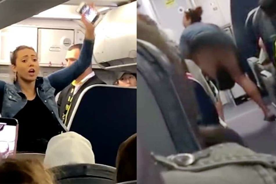 Die Frau schreit und pöbelt mit dem Smartphone in der Hand herum und zeigt dann allen Passagieren ihren nackten Po.