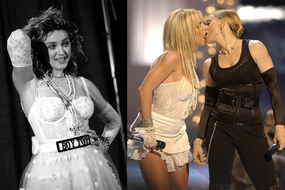links: 14.09.1984, Madonna bei der Verleihung der MTV Video Music Awards in der Radio City Music Hall in New York. rechts: Am 28.08.2003 küsste Madonna US-Popsängerin Britney Spears bei der Eröffnung der MTV Video Music Awards in New York.
