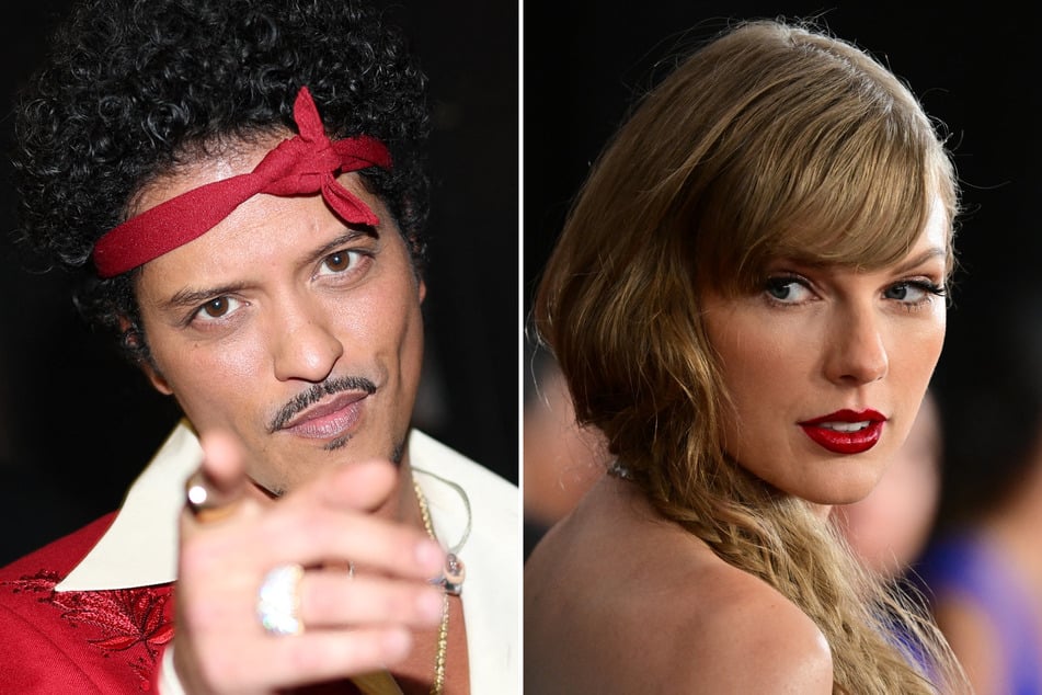 Bruno Mars (l.) said he only has "love" for Taylor Swift after fans claimed he liked a post shading the pop star.