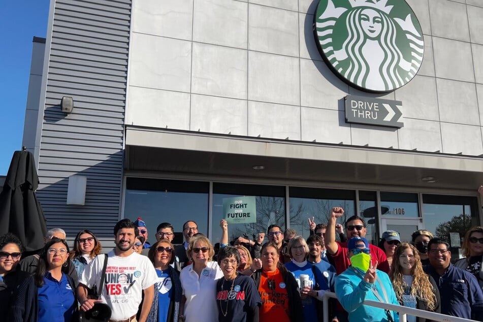 Starbucks workers and allies in San Antonio, Texas, celebrate the city's first union victory.