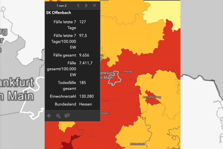 Das Bild zeigt einen Screenshot, welcher die aktuellen Zahlen des Robert Koch-Instituts (RKI) zu Offenbach am Main zeigt.