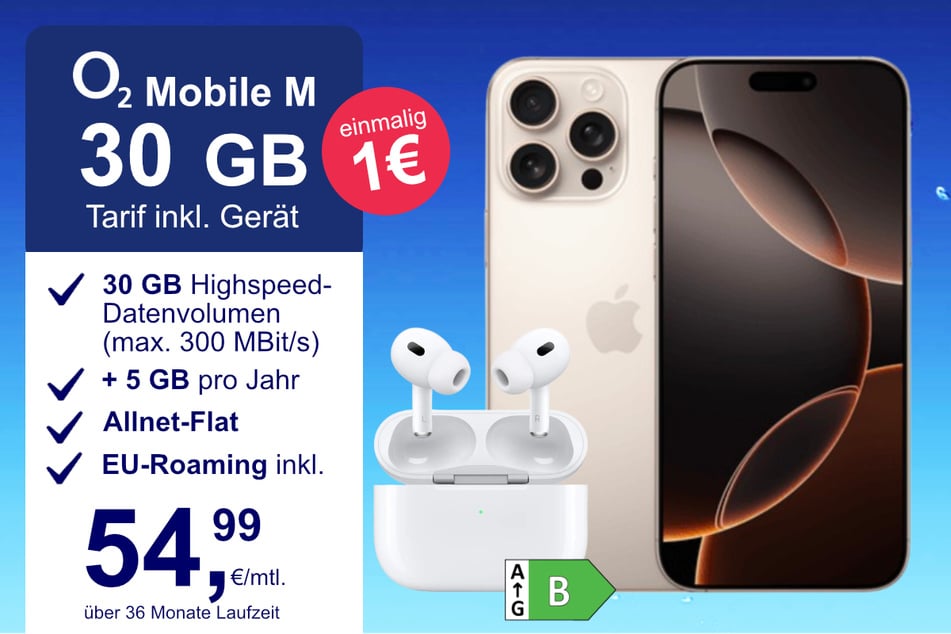Das iPhone 16 Pro Max + AirPods Pro im o2 Mobile M für einmalig 1 Euro.