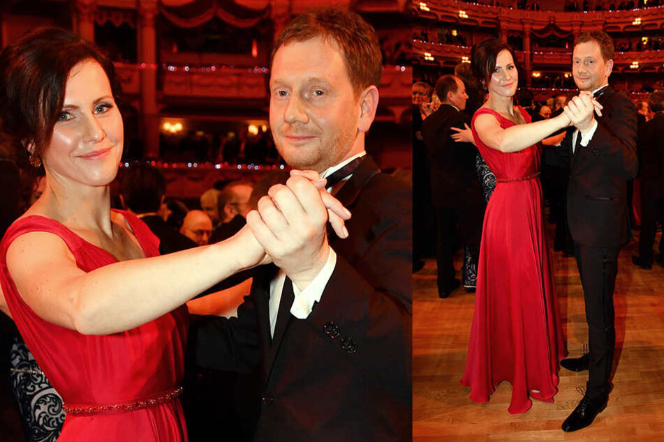 Annett Hofmann (42) wählte für den Eröffnungswalzer mit MP Michael Kretschmer (42) ein schwingendes rotes Kleid.