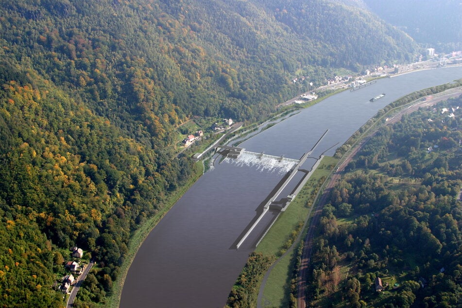 Diese Visualisierung tschechischer Planer zeigt, wie das Staustufen-Projekt in Decin aussehen könnte.