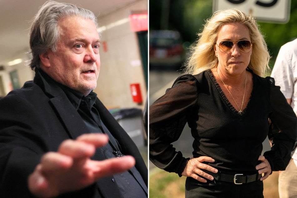 Representative Marjorie Taylor Greene (r.) joined former Donald Trump advisor Steve Bannon (l.) on Monday as he reported to prison to begin a four-month sentence.