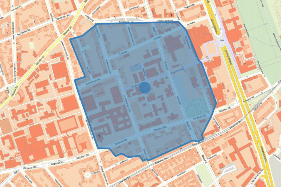 Die blaue markierte Fläche muss für die Entschärfung evakuiert werden.