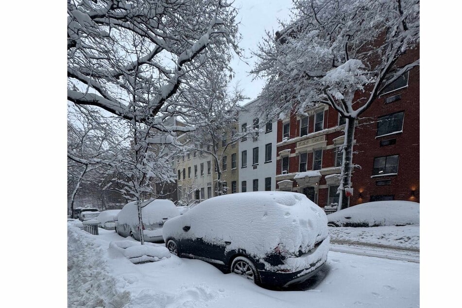 Cars parked in New York City were covered under a foot of snowfall overnight.