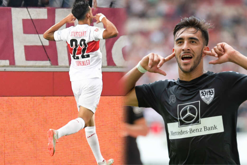 VfB-Stürmer Nicolás González bejubelt seine beiden Siegtreffer gegen den VfL Bochum (links im Bild) und den FC St. Pauli. (Fotomontage)