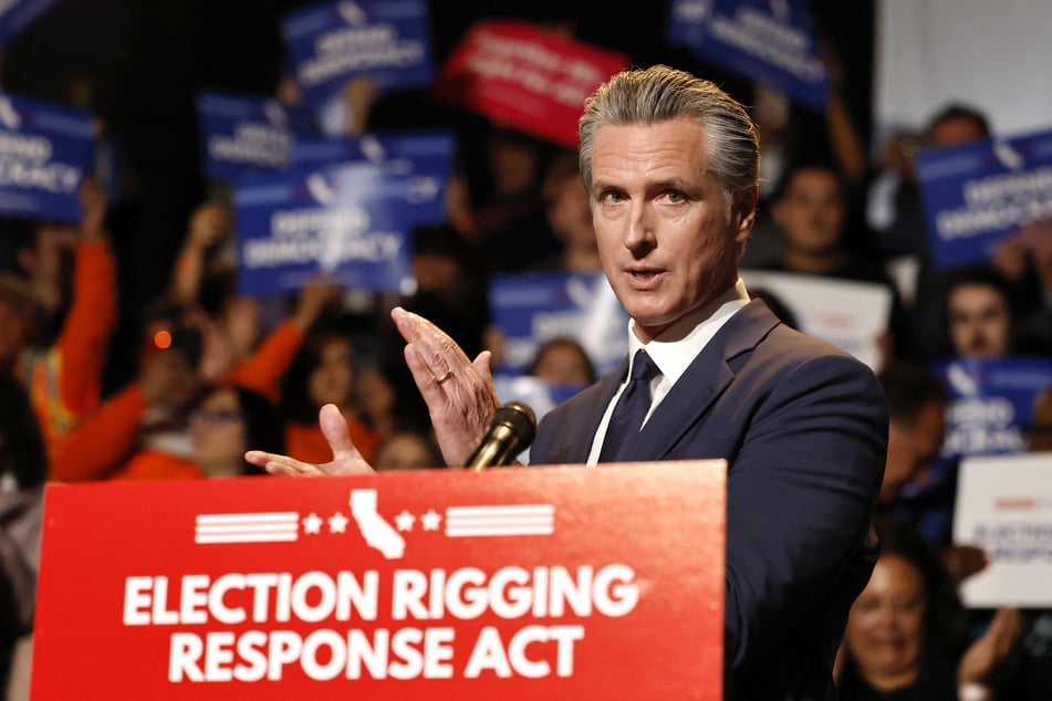 California Governor Gavin Newsom speaks about the Election Rigging Response Act at a press conference in Los Angeles on August 14, 2025.