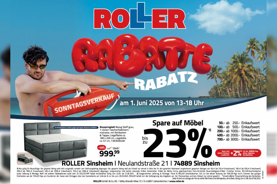 Zum verkaufsoffenen Sonntag (1.6.) bei ROLLER in Sinsheim sind schicke Boxspringbetten 48 Prozent günstiger.