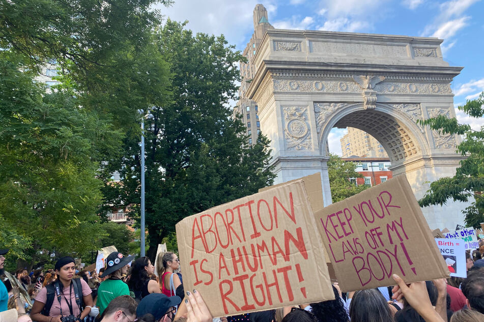 Thousands of protesters gathered outside the famed Washington Arch in Washington Square Park, New York City, on Friday after the Supreme Court announced its decision to overturn Roe v. Wade and repeal the constitutional right to an abortion.