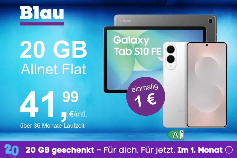 Das Samsung Galaxy S25 Edge + Tab A10 FE im Blau Allnet M für einmalig 1 Euro.