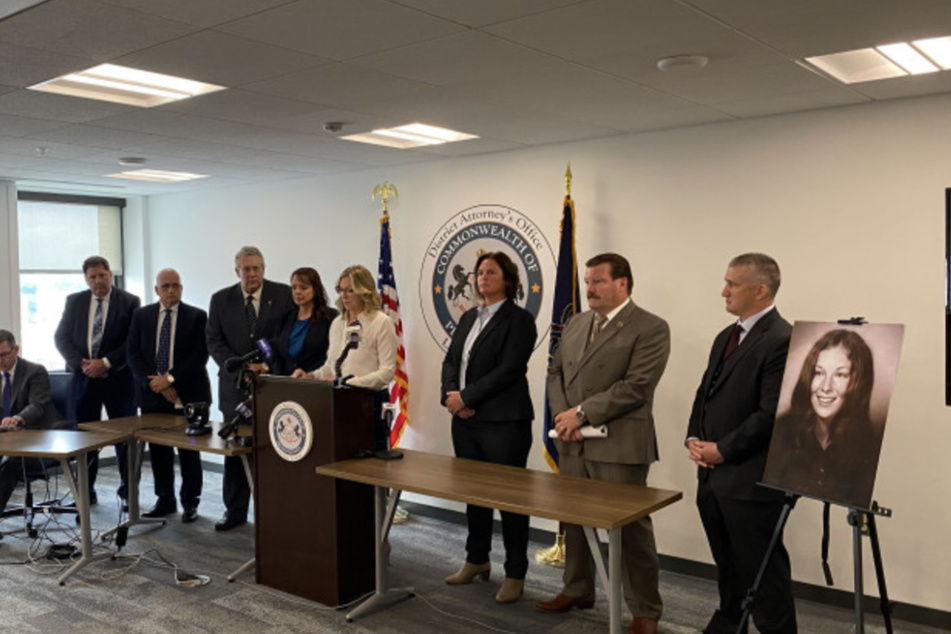 District Attorney Heather Adams at the press conference on Monday announcing the arrest of David Sinopoli for the 1975 murder of Lindy Sue Biechler.
