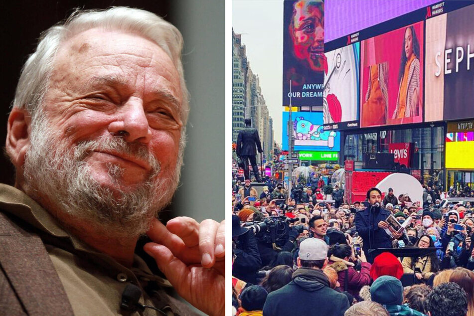 Stephen Sondheim (l.) passed away on Friday, as crowds gathered in Times Square on Sunday to listen to a reading by Lin-Manuel Miranda (r.) and pay tribute in song.