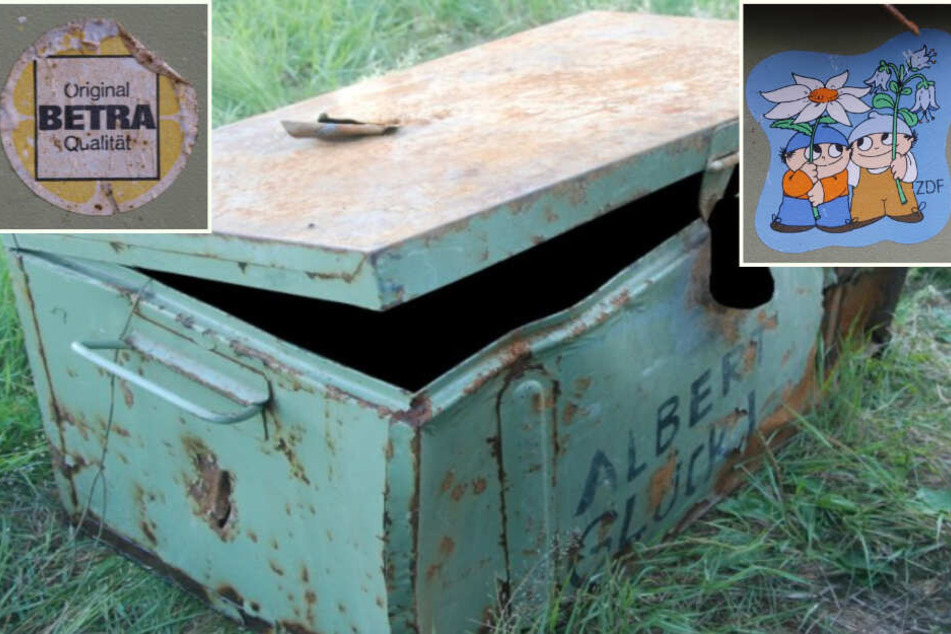 In dieser Metallkiste wurde die Leiche gefunden. Die beiden Abbildungen befanden sich als Aufkleber auf der Innenseite des Deckels.