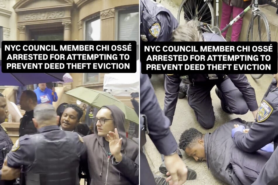 New York City Councilmember Chi Ossé is arrested during an anti-eviction protest in the Bedford–Stuyvesant neighborhood of Brooklyn on April 22, 2026.