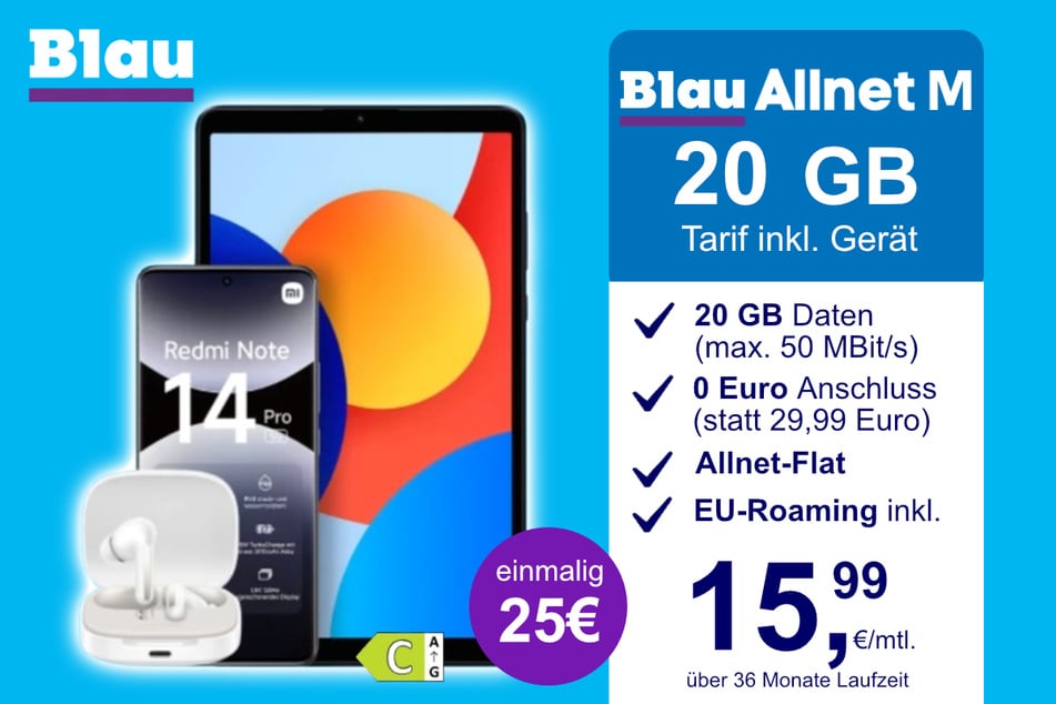 Das Xiaomi Redmi Note 14 Pro + Pad SE + Buds 6 im Blau Allnet M für einmalig 25 Euro.