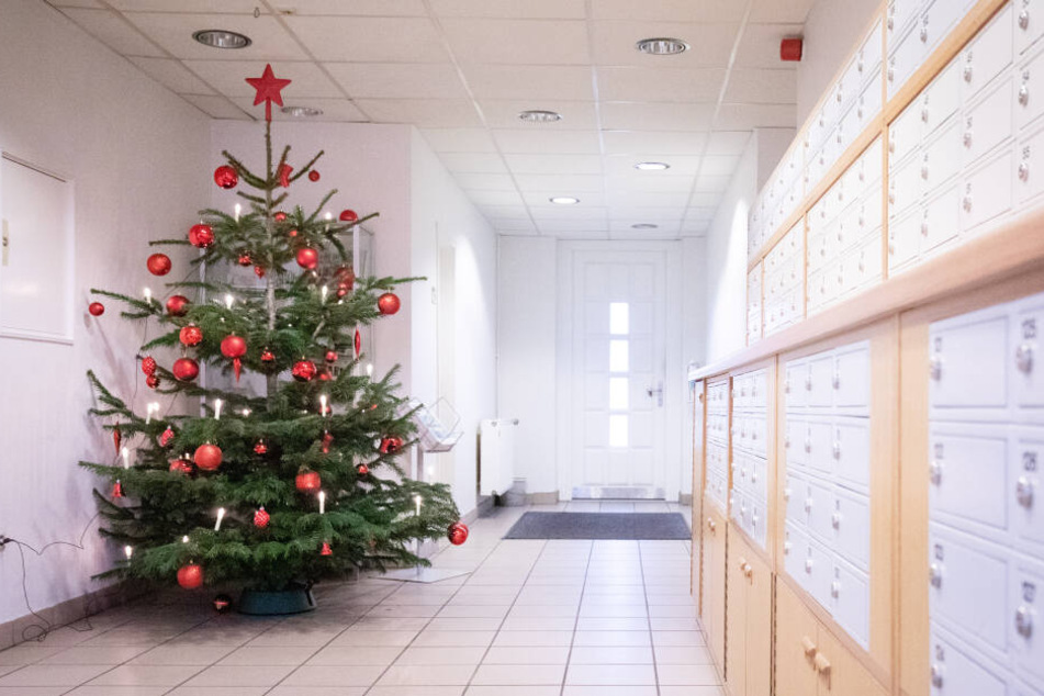 Ein geschmückter Weihnachtsbaum steht im Haupteingang der Justizvollzugsanstalt Glasmoor.