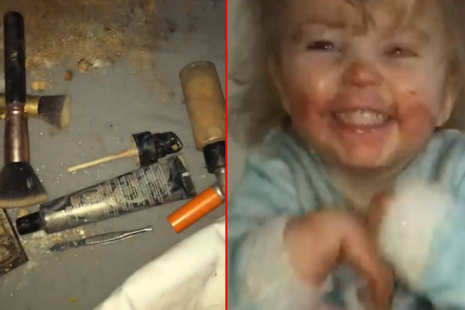 Die Kleine freut's: Das Make-up von Mutter ist überall verteilt.