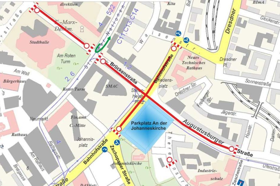 Ab 14 Uhr sind die Brückenstraße, Bahnhofstraße und Augustusburger Straße in den rot gekennzeichneten Bereichen dicht.