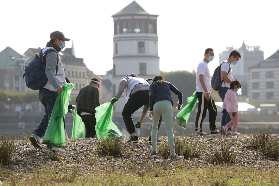 Teilnehmer sammeln im Rahmen des Projekts "Rhine Clean Up" am Düsseldorfer Rheinufer Müll auf.