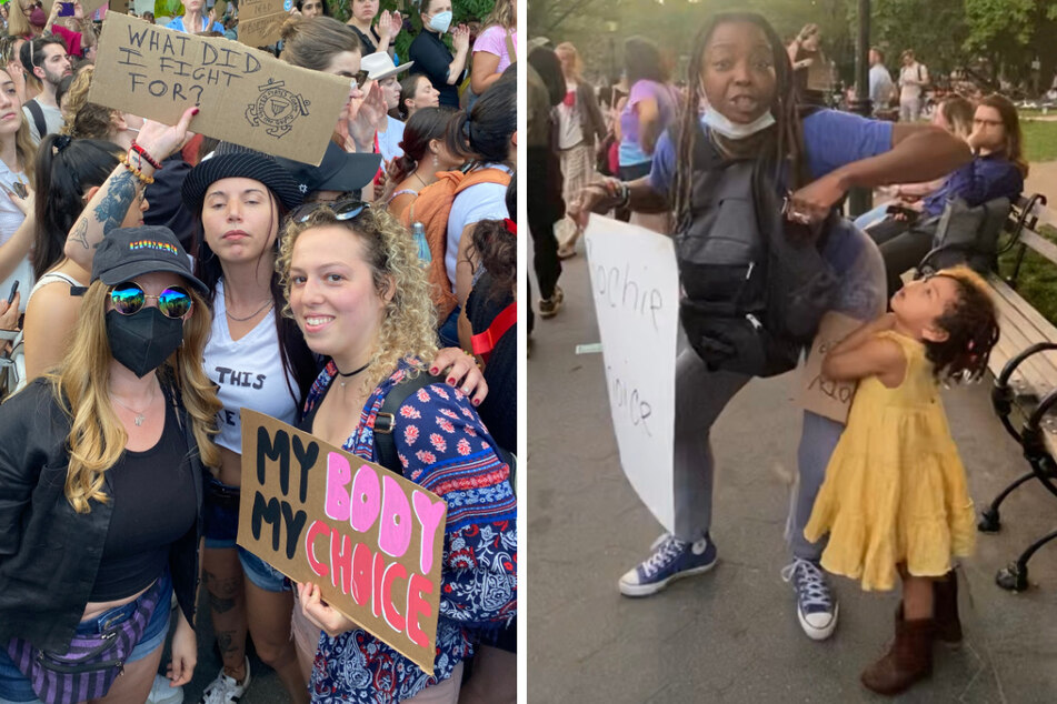 Many took to Washington Square Park with friends, while Thembi Arnold (r.) taught her daughter to pass on a powerful message.