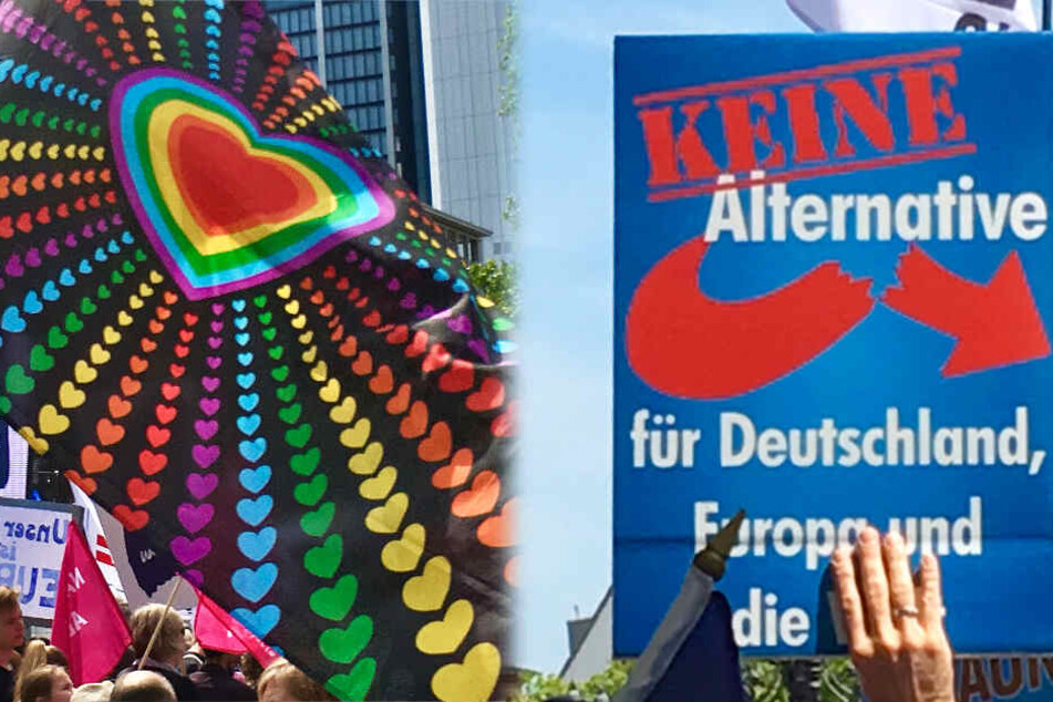 Die Montage zeigt zwei Fotos von der Demo am Sonntag in Frankfurt gegen den Rechtsruck in Europa.